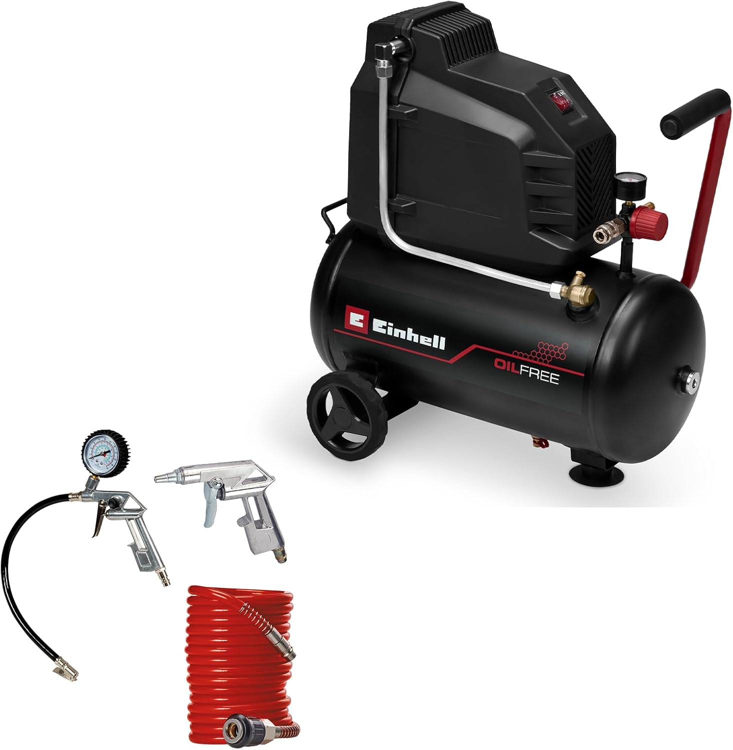 Einhell Kompressor TC-AC 190/24/8 I OF (1100 Watt, max. 8 bar, 24-Liter-Tank, 190 l/min Ansaugleistung, ölfrei, wartungsarm, Manometer, Druckminderer, inkl. Druckluftset)