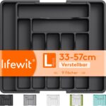 Lifewit Besteckkasten für Schublade, Verstellbarer Besteckhalter Kunststoff Besteckständer, Breite von 33 auf 57 cm, Utensilienhalter Küche Tiefe 38 cm, Küchen Organizer für Löffel/Gabeln, Schwarz