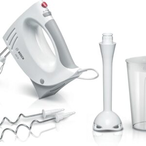 Bosch Handrührer MFQ3540, Handrührgerät, 2 Rührbesen, 2 Edelstahl-Knethaken, spülmaschinengeeignet, 5 Stufen, Pürierstab, Mixbecher, 450 W, weiß