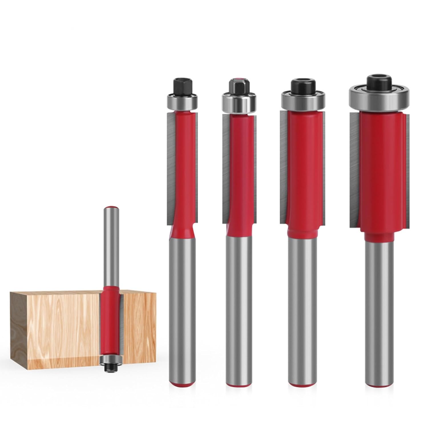 4 Stück Bündigfräser 6mm Schaft, Bündigfräser Fräser Set, Doppelseitiger Fräser mit Lagern, Holzschneider Profifräser für Holzbearbeitungswerkzeuge Zum Schneiden, Trimmen