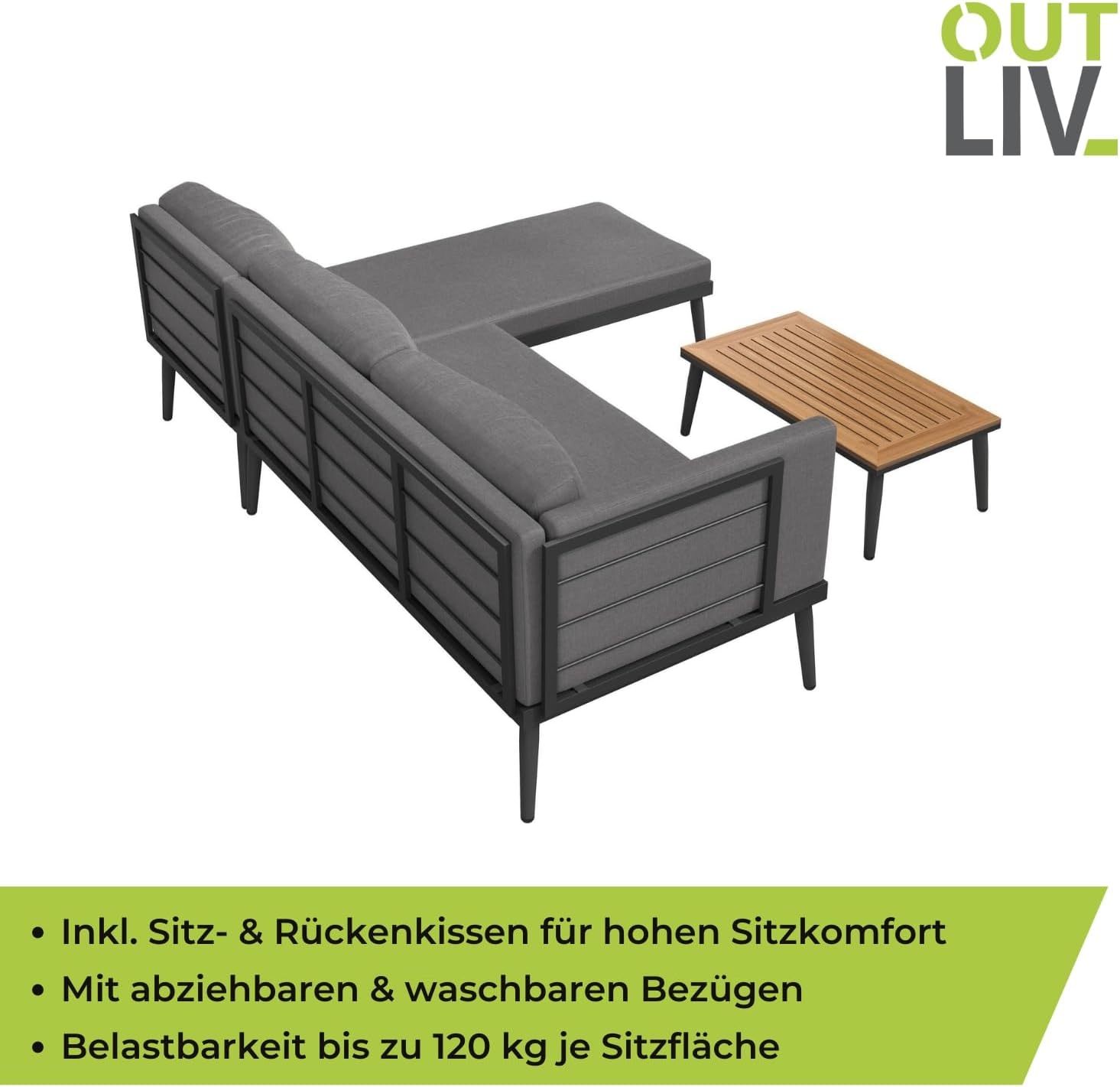 OUTLIV. Lounge Set India, 3-teilig, Stahlgestell, Akazienholz Tischplatte, inkl. waschbare Kissen, L-Form, für Garten und Terrasse, Anthrazit – Bild 4