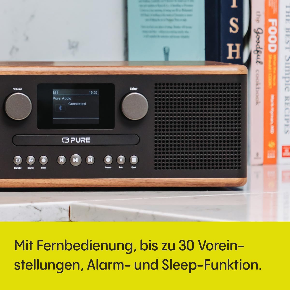 Pure Classic C-D6 CD-Player mit DAB+ Digitalradio & UKW, Bluetooth 5.3 Stereoanlage 2x15W, USB & AUX, 2,4 Zoll TFT-Farbdisplay, Fernbedienung, Kaffeeschwarz/Walnuss – Bild 4