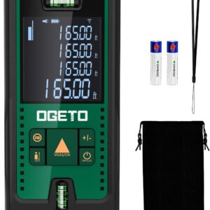 Laser Entfernungsmesser, OGETO Laser Entfernungsmesser mit LCD Hintergrundbeleuchtung, 99 Datensätze, M/In/Ft, Pythagoras/Abstand/Fläche/Volumen Messungen(2*AAA Batterien, IP54)