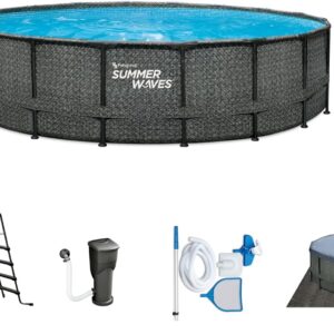 Summer Waves Frame Pool Komplettset | Rund 488x122 cm Rattanoptik Grau | Aufstellpool Set | Gartenpool & Schwimmbecken inkl. Filterpumpe, Einstiegsleiter, Abdeckplane, Bodenvlies & Reinigungsset