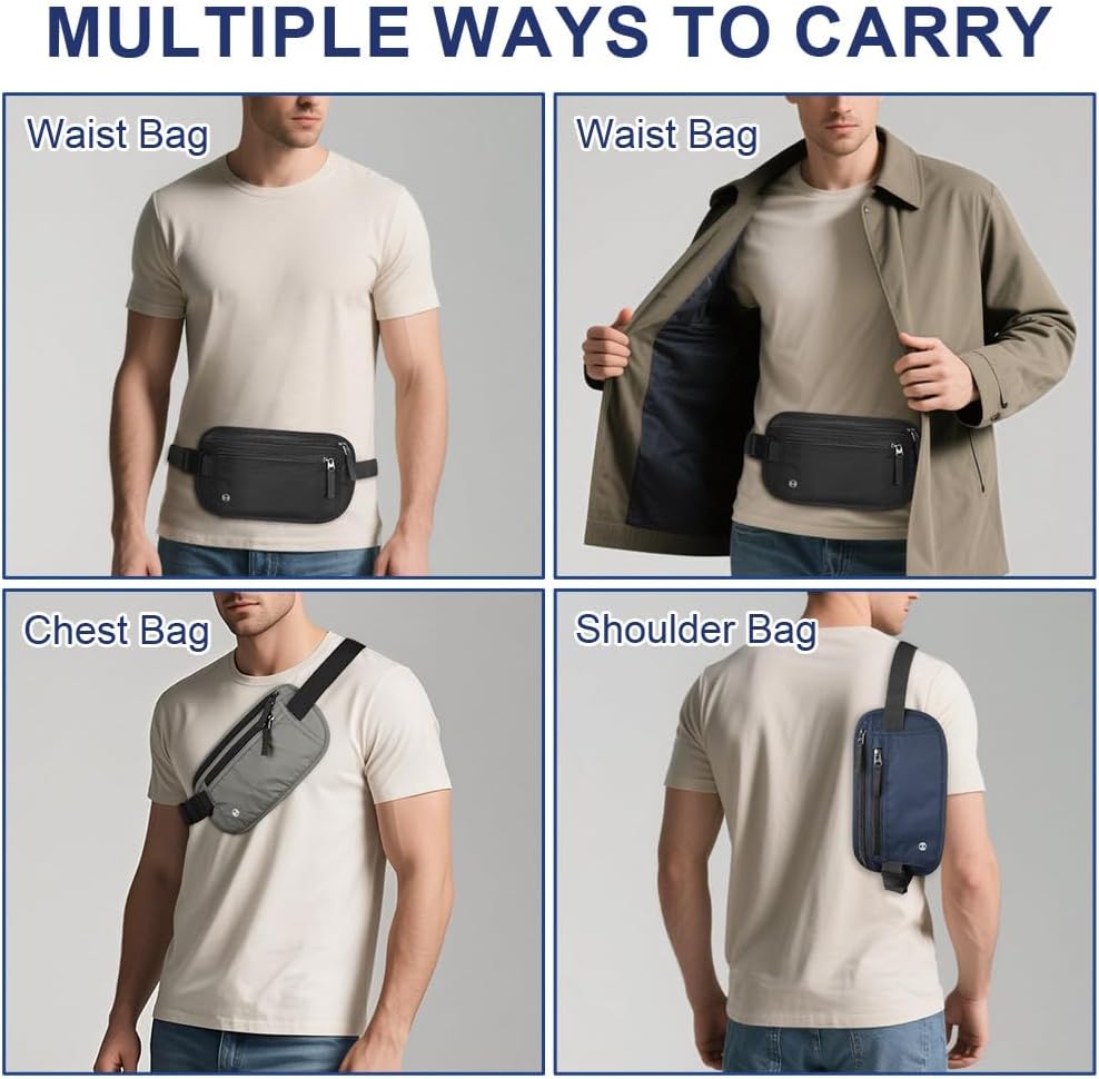 Geldgürtel für Damen und Herren, Diebstahlsicher Flache Bauchtasche mit RFID-Schutz, Ultraflach Versteckte Geldgürtel, Reise Bauchtasche für Reise Sport, Passt für Reisepass, Telefon und Bargeld – Bild 3