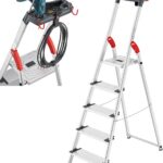Hailo L84 ComfortLine Alu-Sicherheits-Stehleiter - 5 XXL-Stufen belastbar bis 150 kg - Tiefe Standfläche & Haltegriff - Stehleiter mit Ablage - Aluleiter Made in Germany - Leiter rostfrei - Silber