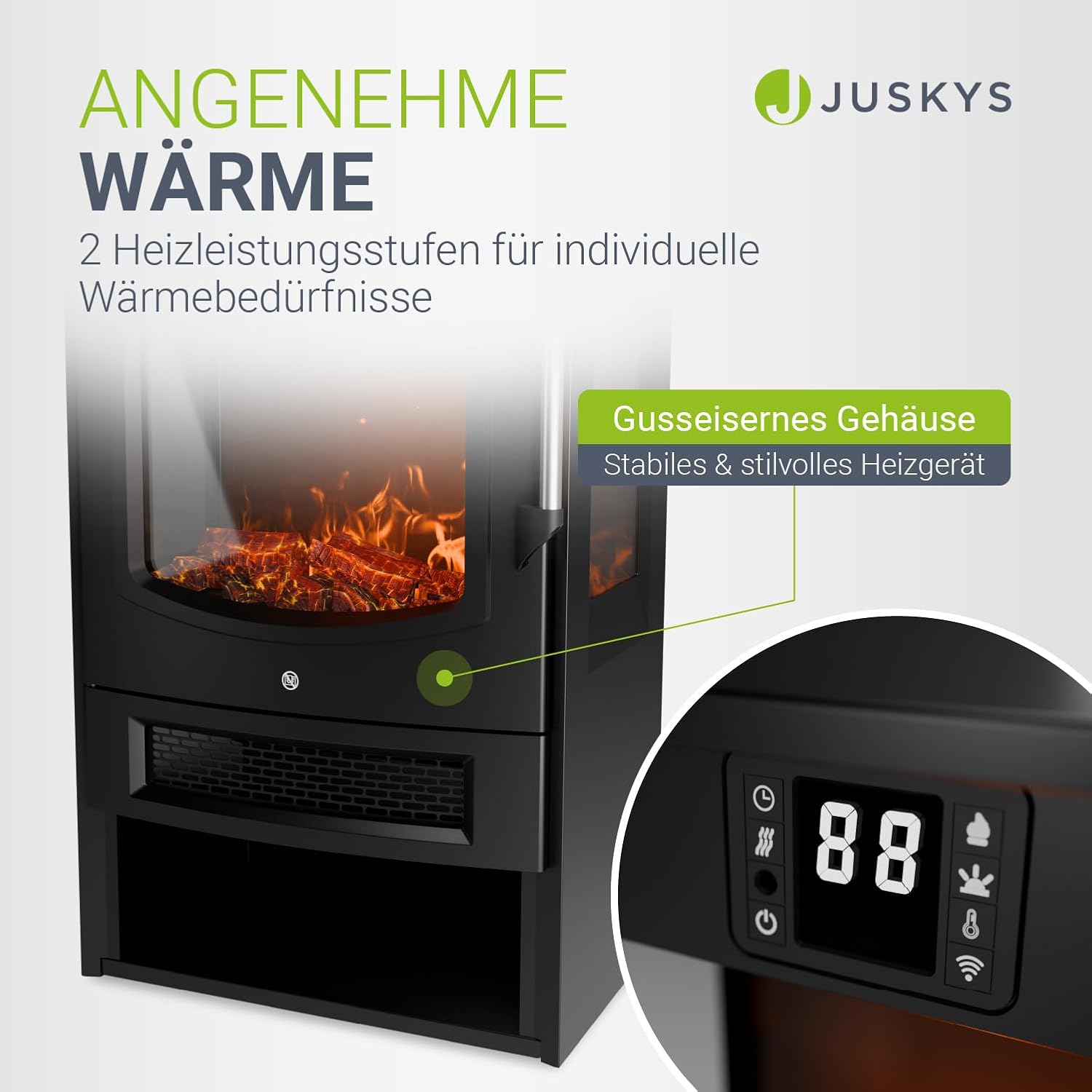 Juskys Elektrokamin 1800W – Schwarz, elektrischer Standkamin mit LED-Flammeneffekt, WLAN/App-Steuerung, Fernbedienung – Bild 3