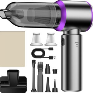 Handstaubsauger, 26000Pa Mini Akku Staubsauger Kabellos 4-In-1 Autostaubsauger 6000mAh 3-Gang Elektrische Staubgebläse für Auto, Küche, Büro, Haus, Camping, Tierhaare, Sofa, Tastaturen(Silber-Violett)