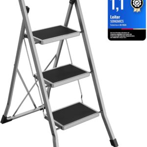SONGMICS Trittleiter, Leiter mit 3 Stufen, Klapptritt, Klappsicherung, einfach zu verstauen, bis 150 kg belastbar, Taubengrau GSL003GY01