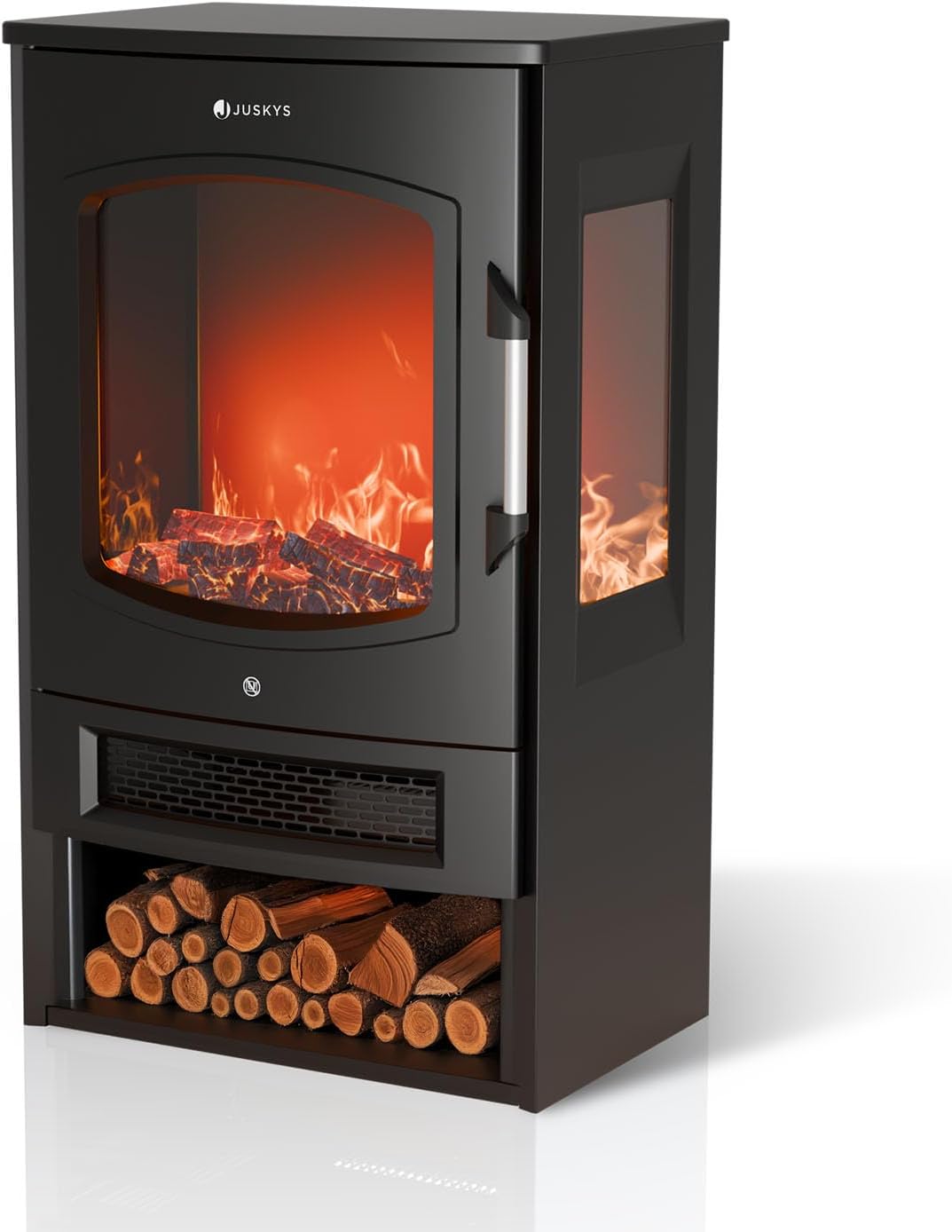 Juskys Elektrokamin 1800W – Schwarz, elektrischer Standkamin mit LED-Flammeneffekt, WLAN/App-Steuerung, Fernbedienung