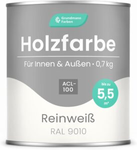 Grundmann Holzfarbe ACL 100 - Holzlack 0,7 Kg Weiss - 4in1 inkl. Grundierung - Seidenmatt - Wetterfest für Innen und Außen - RAL 9010 Reinweiss
