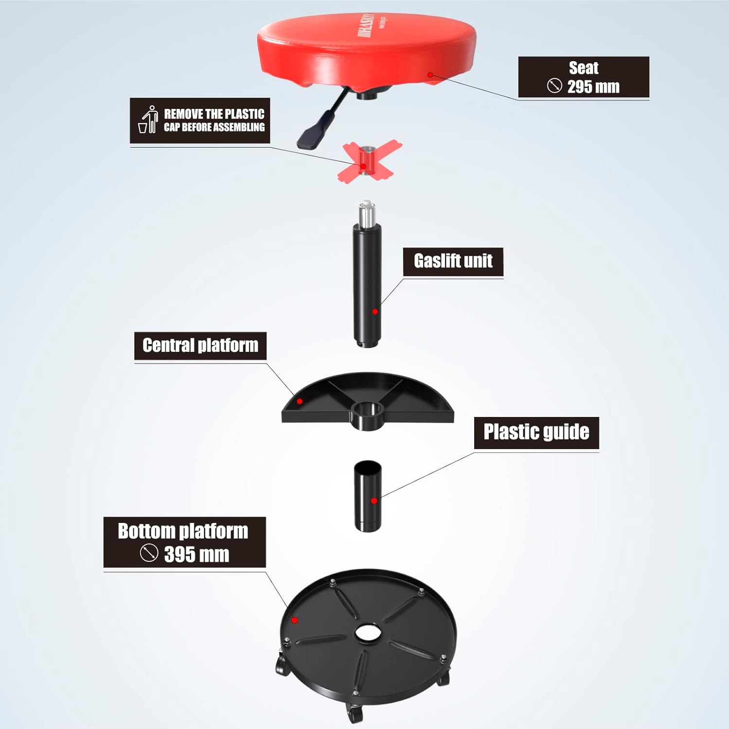 HASKYY Höhenverstellbar Werkstattstuhl Werkstatthocker Werkstattsitz Arbeits-Hocker-Stuhl-Sitz ROT mit 5 Rollen | ca. ø 40cm | 2 Ablagen | 430-580mm – Bild 5