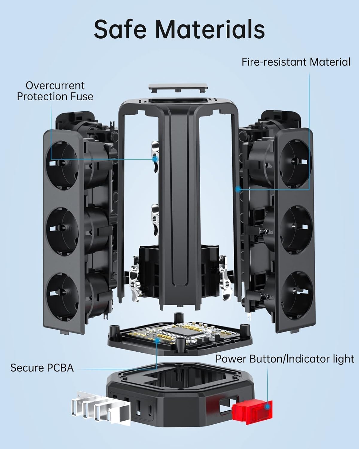Sameriver 12 Fach Steckdosenleiste Steckerleiste mit 5M Verlängerungskabel,4 USB Mehrfachsteckdose mit Überspannungsschutz,Steckdosenturm Mehrfachstecker für Zuhause,Büro – Bild 5