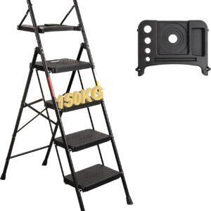 BONTEC Trittleiter 4 Stufen Klappbar, 150kg Kapazität mit Breiten Anti-Rutsch-Pedalen, Faltbarer Stahl-Tritthocker, Schwamm-Lenker, Zuhause, Speisekammer, Innen- und Außenbereich, Schwarz