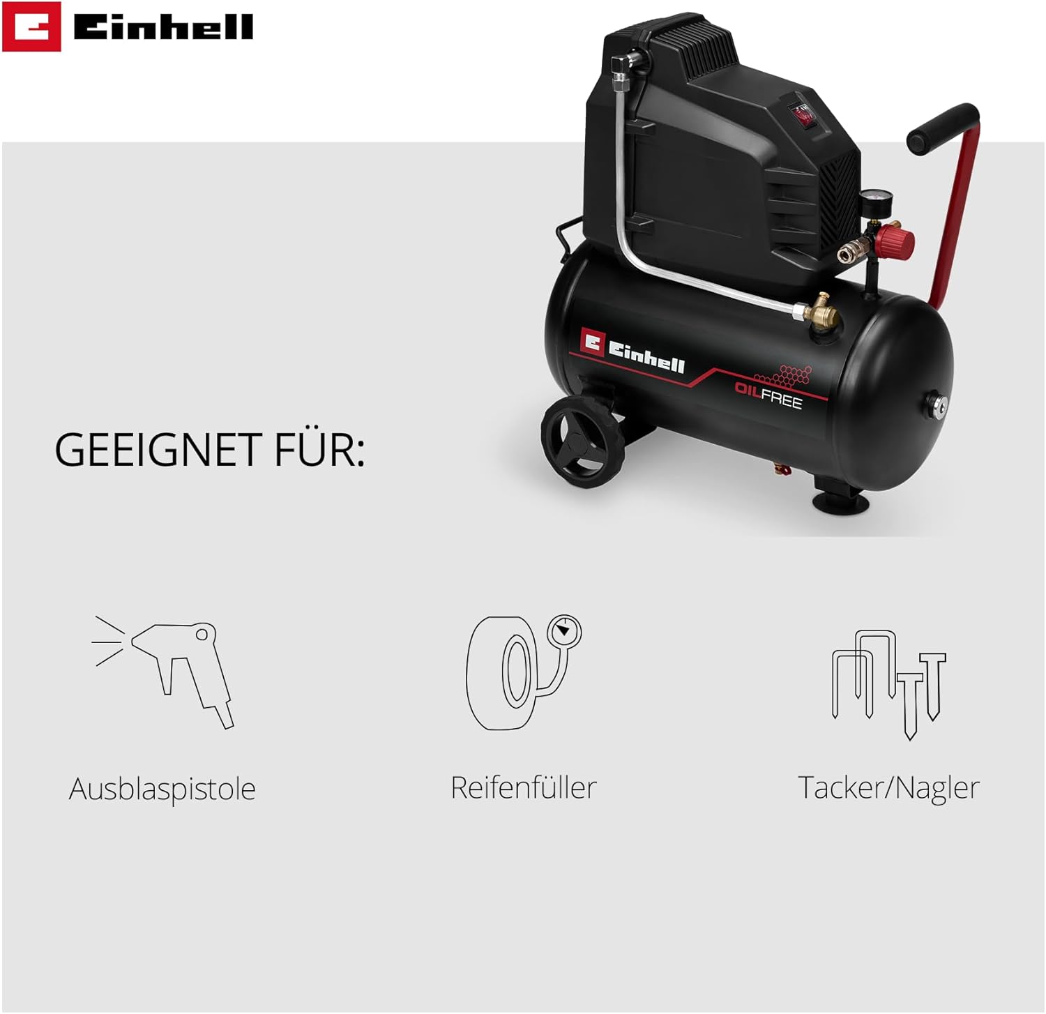 Einhell Kompressor TC-AC 190/24/8 I OF (1100 Watt, max. 8 bar, 24-Liter-Tank, 190 l/min Ansaugleistung, ölfrei, wartungsarm, Manometer, Druckminderer, inkl. Druckluftset) – Bild 3