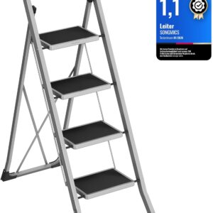 SONGMICS Trittleiter, Leiter mit 4 Stufen, Klapptritt, Klappsicherung, einfach zu verstauen, bis 150 kg belastbar, Taubengrau GSL004G01