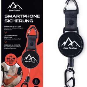 Peak Protect Handy Sicherung mit Stahlseil & Karabiner | Universelle Smartphone Anti-Drop Sicherung mit 80 cm Einziehkabel | Diebstahlschutz & Fallschutz für Wandern, Ski, Sport & Alltag