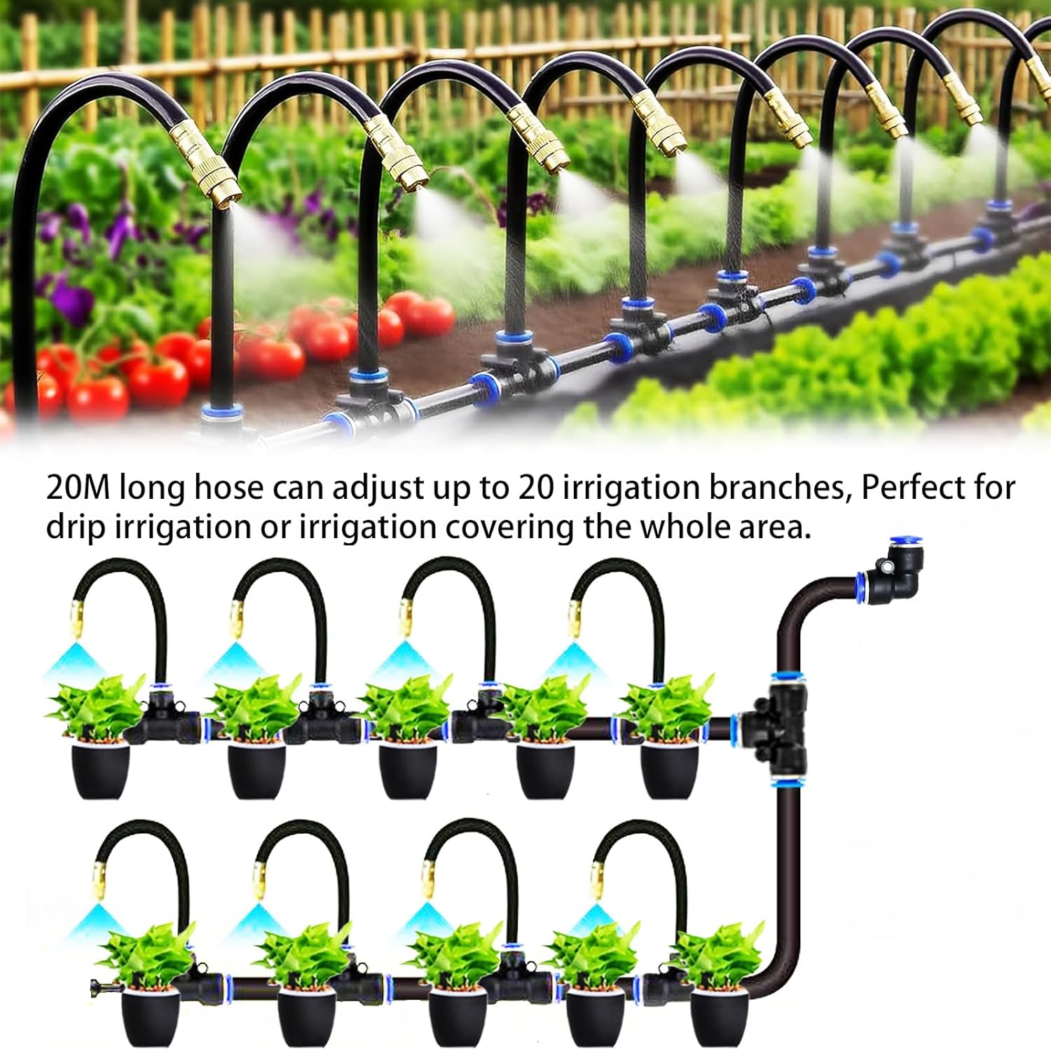 Bewässerungssystem Garten 20M, 360 ° Automatische Bewässerung Schlauch mit 20 verstellbaren Sprühdüsen, Outdoor Nebelkühlsystem für Garten, Gewächshaus, Rasenflächen, Pflanzenbewässerung – Bild 3