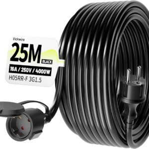 Außen Verlängerungskabel, 25 m Gummikabel mit Schutzkontaktstecker Schuko, externes Kabel mit Schutzkappe, 16 A/250 V, schwarz, H05RR-F 3G 1,5 mm², IP44