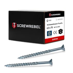 SCREW REBEL® Holzbauschrauben 4,5x70 mm [200 Stück] – Spanplattenschrauben hell verzinkt mit Reibteil & Cut-Spitze – TX20 Antrieb – Holzschrauben mit ETA-Zulassung – CrVI-frei & korrosionsbeständig