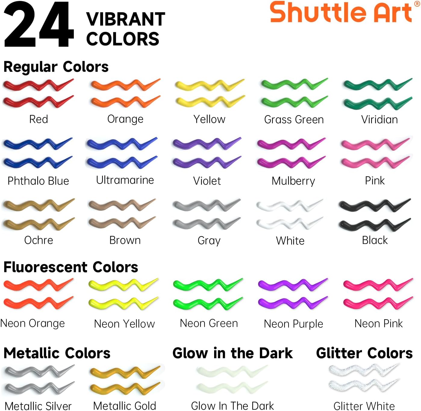 Shuttle Art 3D Textilfarbe waschmaschinenfest, 24 Stoffmalfarben waschfest mit Pinseln, Vorlagen, 3D Textilfarben mit Metallic-, Neon- und Glitzerfarben, Stofffarben waschfest Kinder für Tshirt, Jeans – Bild 2