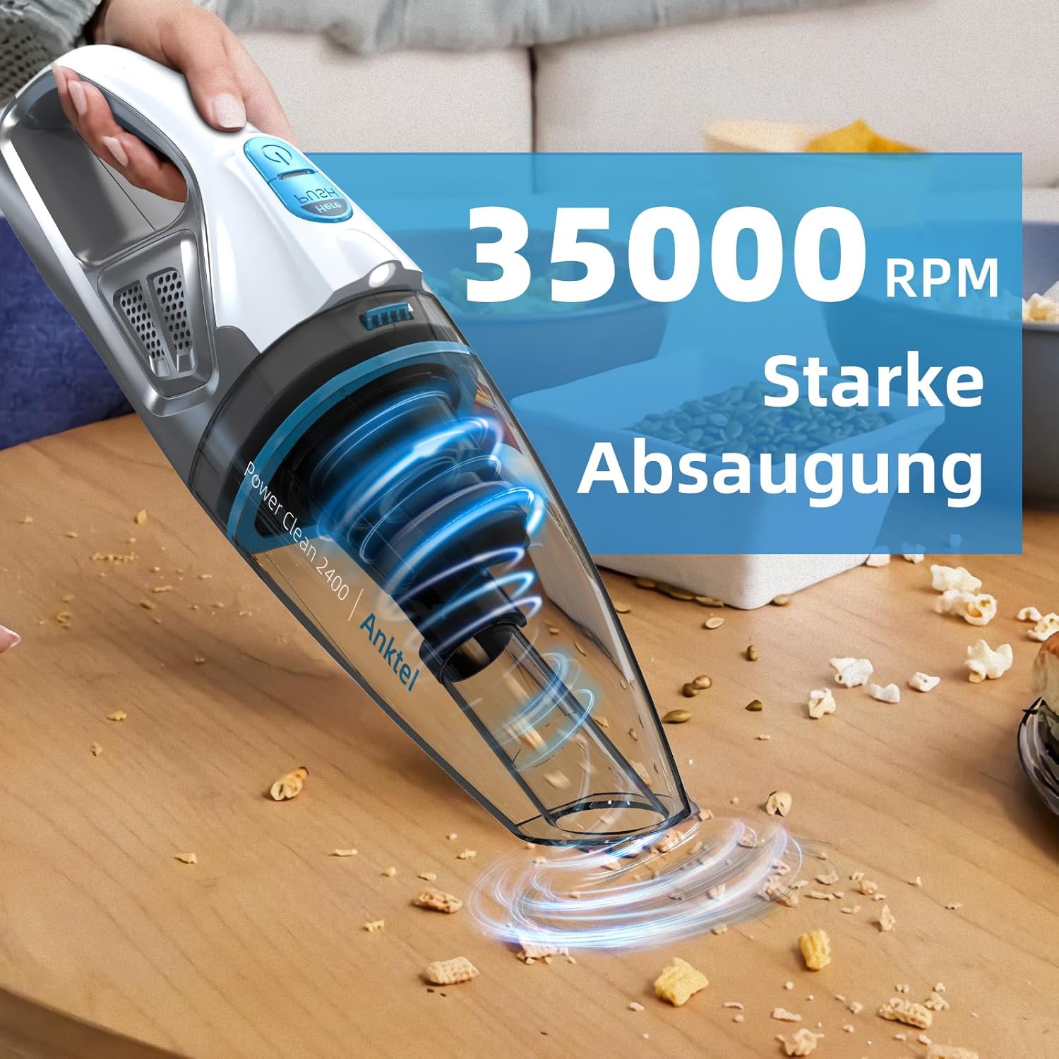 Handstaubsauger mit Ladestation& LED Beleuchtung -PowerClean 2400- Handstaubsauger Akku Kabellos Nass&Trocken Handsauger mit Waschbar HEPA-Filter Beutellos per Auto, Haus – Bild 2