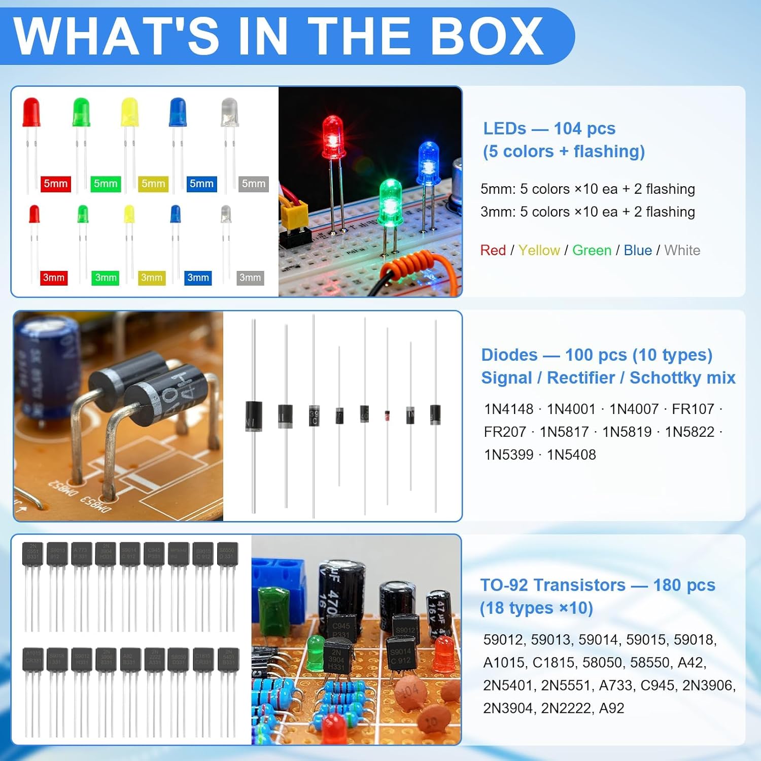 1530 Stück Elektronik Bauteile Kit 9 Arten mit Metallschichtwiderstand,kondensator,Diode,LED Leuchtdioden,Transistor,Dupont Wires,Jumperkabel und Steckbrett, Für UNO R3 – Bild 3