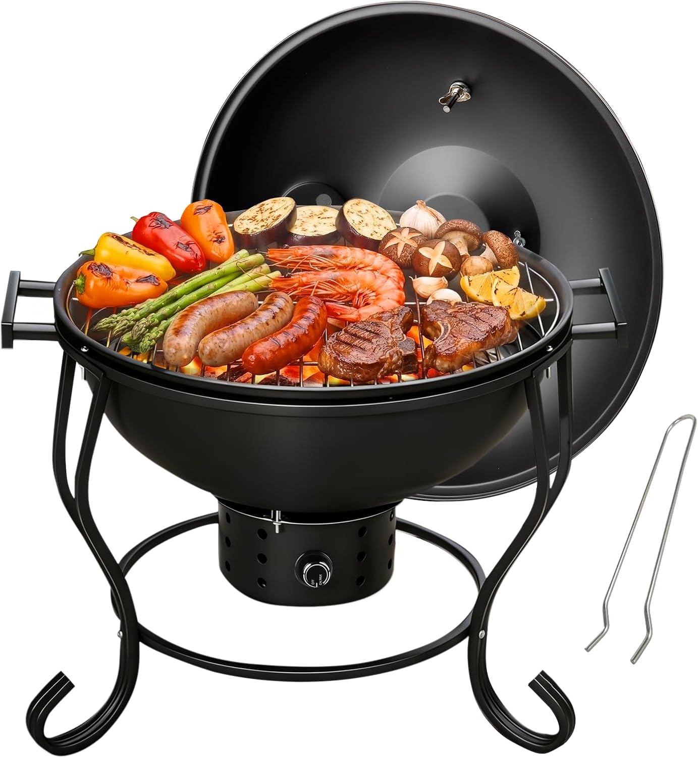 Tragbarer Holzkohlegrill mit Ventilator, Thermometer und regulierbarer Luftzufuhr, kompakter Kettle Grill für Camping, Picknick, Tailgating und Outdoor BBQ