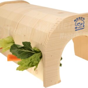 Resch Nr46 Futtertunnel naturbelassenes Massivholz aus Fichte/Mit 3 großen EIN-/ Ausgängen, eine Lochwand und Rundstäben zum stecken oder hängen von Snacks / 38,5 x 18,4 x 23,2 cm (LxHxB)