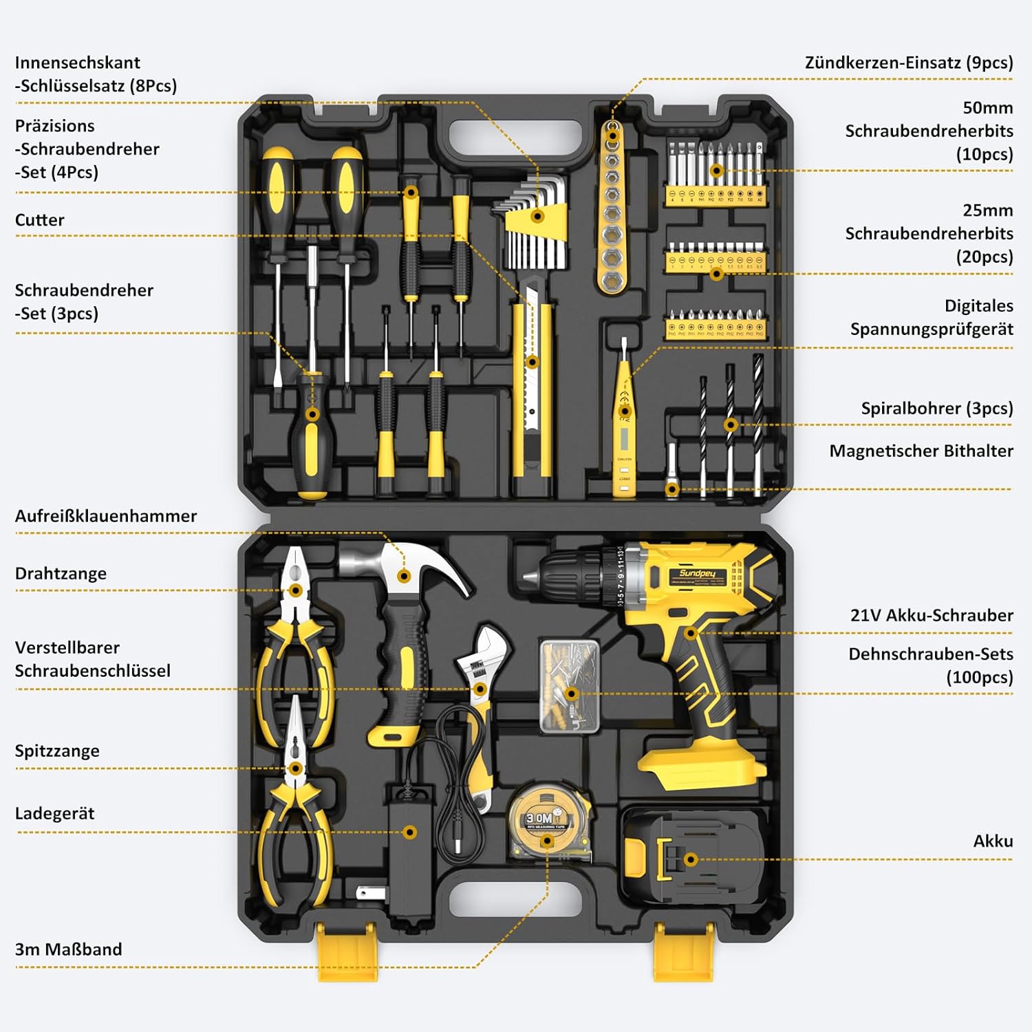 Sundpey Werkzeugkoffer Gefüllt 170tlg mit Akku Bohrschrauber Set, 21V Akkuschrauber mit 2.0 Ah Akku, Universelles Basic Heimwerkzeug im Werkzeugkasten für Haushalt, Bohrungen, Reparaturen, Heimwerker – Bild 3