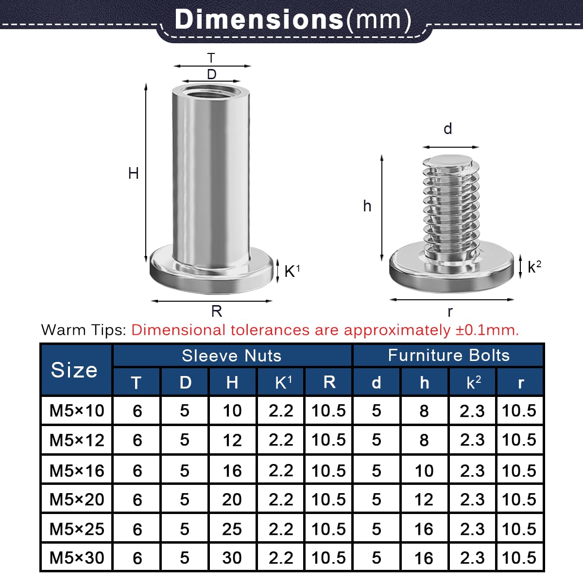 Drenky 10 Stück Hülsenschrauben M5 Verbindungsschrauben Edelstahl A2 V2A Möbelschrauben M5 x 10mm Hülsenmutter für Möbeln, Schränken, Holzbret (10 x Möbelschrauben, 10 x Hülsenmutter) – Bild 2