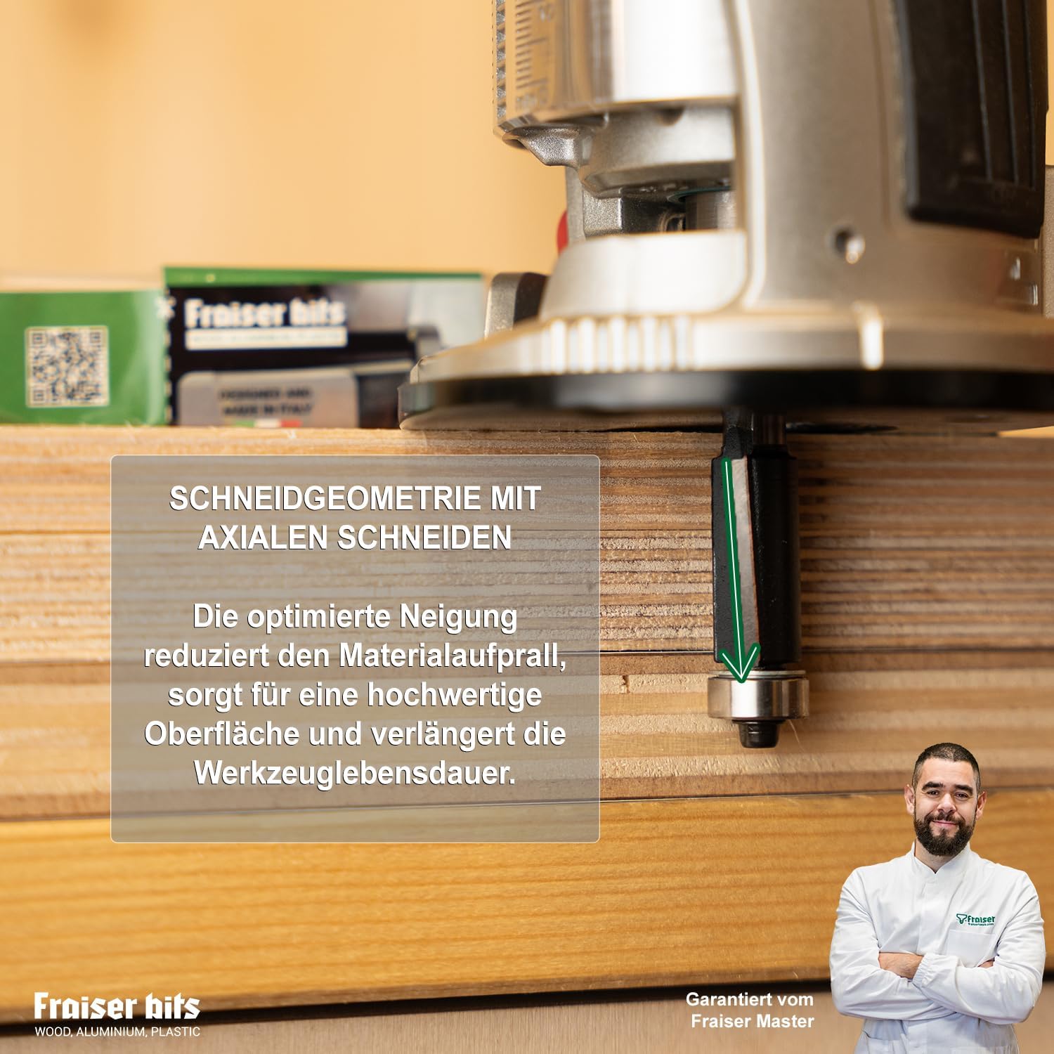 Fraiser Bündigfräser mit oberem Kugellager – 2 gerade Schneiden aus Hartmetall, Schneiddurchmesser 12,7mm, Schneidhöhe 25mm, Schaft 8mm – für Oberfräse und Kantenfräse – Bild 5