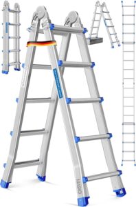 MASKO Aluminium 6in1 Mehrzweckleiter – 20 Sprossen | - 520 cm | 150 Kg, ausziehbar, rutschfest, Multifunktional, Gelenkleiter, Anlegeleiter, Klappleiter, beidseitige Steh- und Treppenleiter | Silber