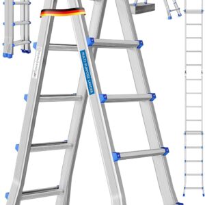 MASKO Aluminium 6in1 Mehrzweckleiter – 20 Sprossen | - 520 cm | 150 Kg, ausziehbar, rutschfest, Multifunktional, Gelenkleiter, Anlegeleiter, Klappleiter, beidseitige Steh- und Treppenleiter | Silber