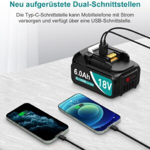2 Pack 6,0 Ah Ersatzakkus für die Modelle Makita 18V Akku BL1860B, BL1860, BL1850B, BL1850, BL1830B, BL1830 und LXT-400, mit LED-Anzeigen und einem USB-Anschluss