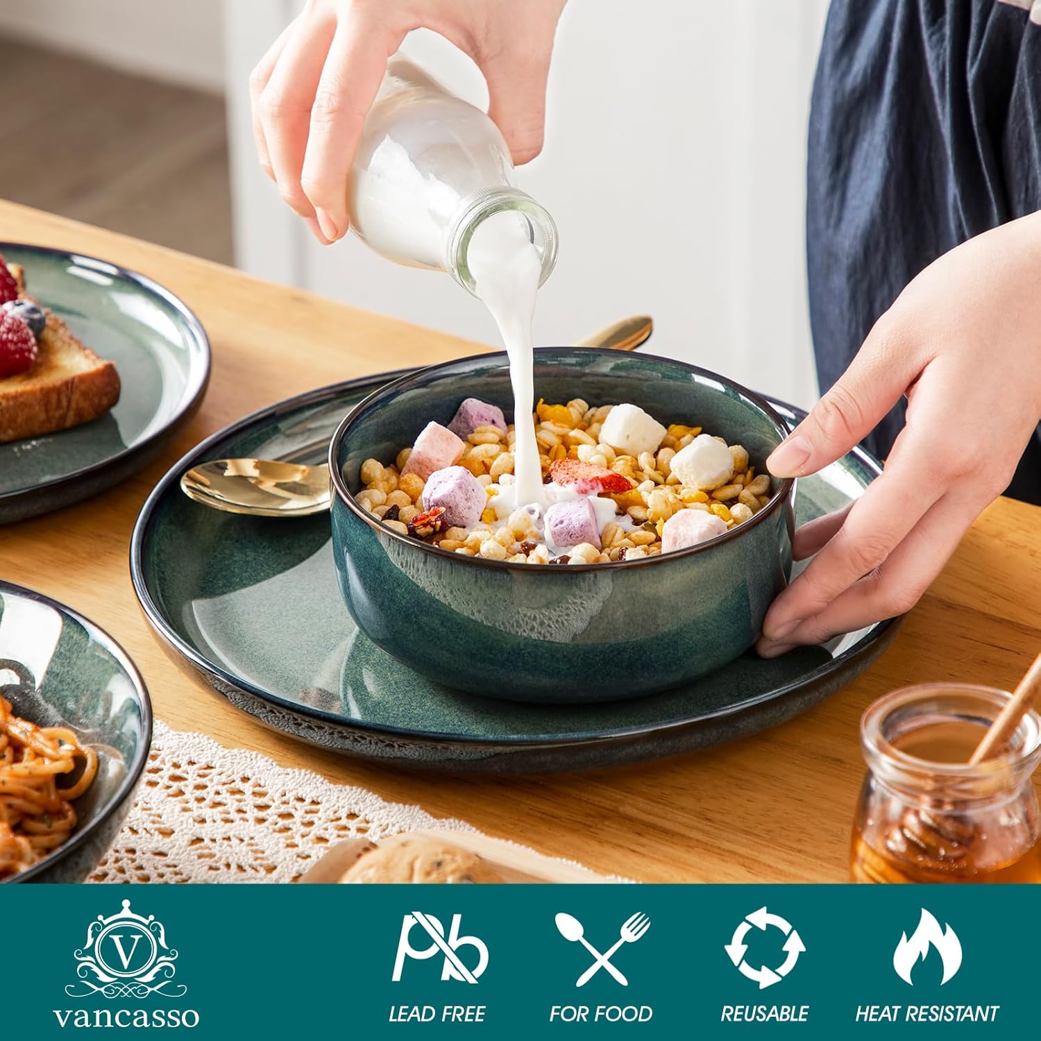Geschirrset 6 Personen modern, vancasso STARRY 24-teiliges Steingut Geschirr Set, Kombiservice Set Grün, Tafelservice 6 Personen, Inklusive Speiseteller, Dessertteller, Suppenteller und Müslischalen – Bild 4