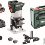 metabo Akku-Kantenfräse FMV 18 LTX BL 8-18V, Brushless-Motor, 2x4Ah LiHD Akkus, Ladegerät ASC 55, metaBOX 145 L - für Holz und holzähnliche Werkstoffe, präzise Tiefeneinstellung, ergonomisch