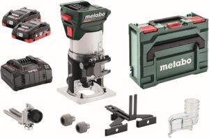 metabo Akku-Kantenfräse FMV 18 LTX BL 8-18V, Brushless-Motor, 2x4Ah LiHD Akkus, Ladegerät ASC 55, metaBOX 145 L - für Holz und holzähnliche Werkstoffe, präzise Tiefeneinstellung, ergonomisch