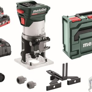 metabo Akku-Kantenfräse FMV 18 LTX BL 8-18V, Brushless-Motor, 2x4Ah LiHD Akkus, Ladegerät ASC 55, metaBOX 145 L - für Holz und holzähnliche Werkstoffe, präzise Tiefeneinstellung, ergonomisch