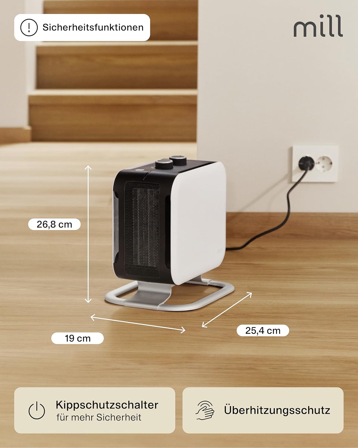 Mill Keramik Heizlüfter klein & leise 1800W, mobiler Heizstrahler für Innenraum 5-30m², Heizung elektrisch, Elektroheizung, Electric Heater, Heizgeräte für Innenräume, Elektro Heizkörper - weiß – Bild 4