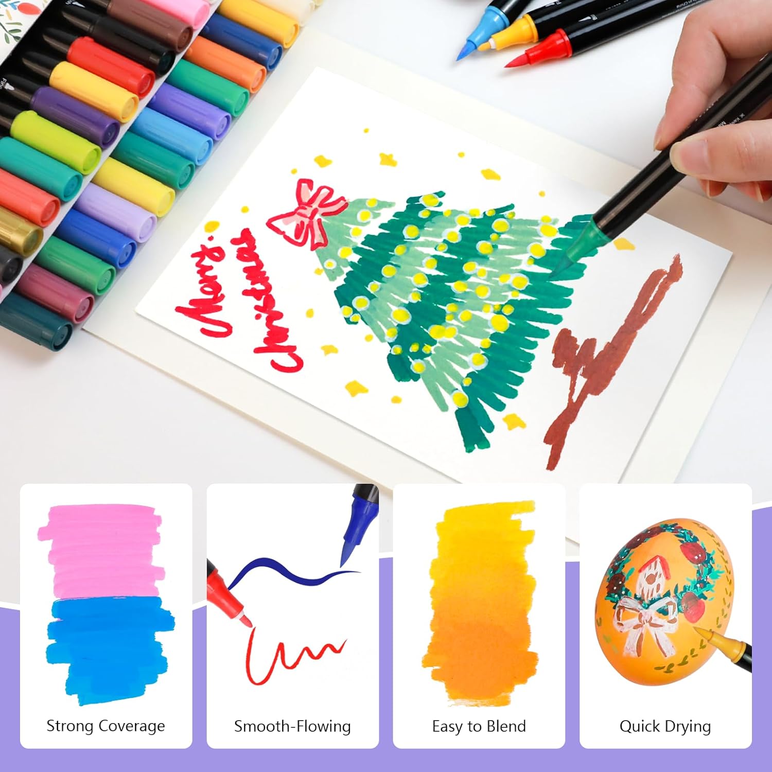 Artecho Acrylstifte 48 Farben, 0.5-5mm Wasserfester Dual Tip Marker (Pinsel und feine Spitze), mit doppelten Enden für Rock Painting, Glas, Papier, Holz, Ei, Leinwand, Keramik, Stoff, DIY Crafts – Bild 5