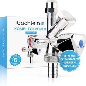 Bächlein Universal Messing, Kombi-Eckventil selbstdichtend, Kombinations-Eckventil für Kalt- und Warmwasserleitungen mit vielfältigen Anschlussmöglichkeiten, Eckventil