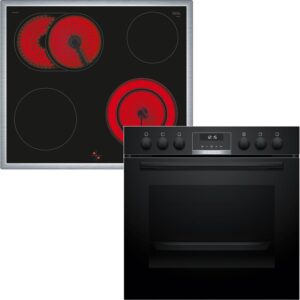 Bosch HND611LS62 Einbauherd-Set, Bestehend aus HEG517BB3 Herd, 60 x 60 cm, Made in Germany, 3D Heißluft, Hydrolyse, LED Display & NKN645GA2E Elektro-Kochfeld, Bräterzone, Restwärme, Edelstahlrahmen