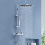 Auralum Regendusche ohne Duscharmatur, Edelstahl Duschsystem mit Bohrfree-ablage, Dusche Komplettset mit Messing-Wasserteiler, 25cmx25cm Duschkopf, Höhenverstellbare Duschstange mit Regendusche, Chrom