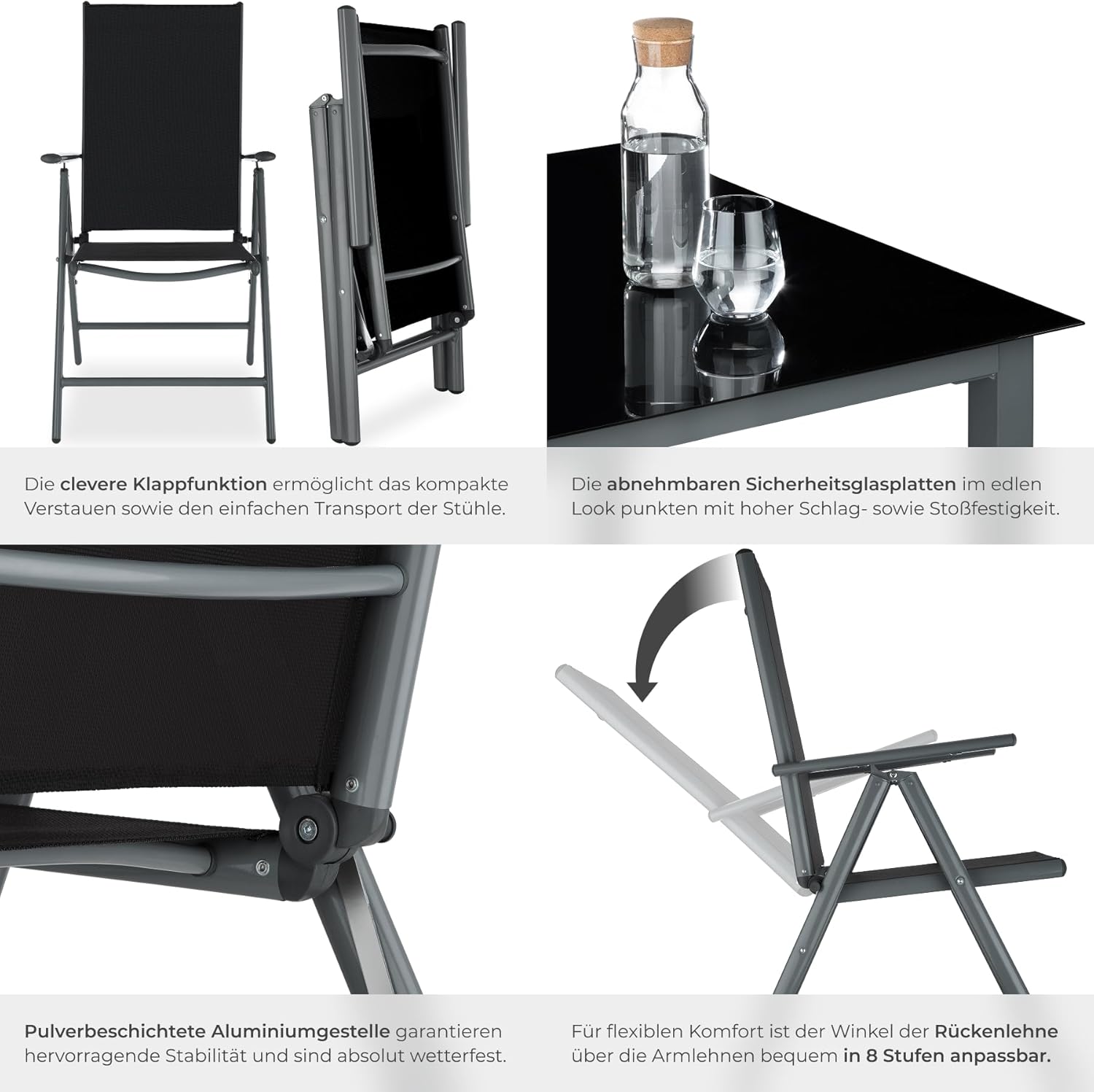tectake® Aluminium Sitzgruppe 8+1, Gartenmöbel Set mit Stuhl und Tisch, klappbare Gartenstühle, Gartentisch mit Sicherheitsglas, wetterfeste Terrassenmöbel, für Garten Terrasse Balkon - anthrazit – Bild 5