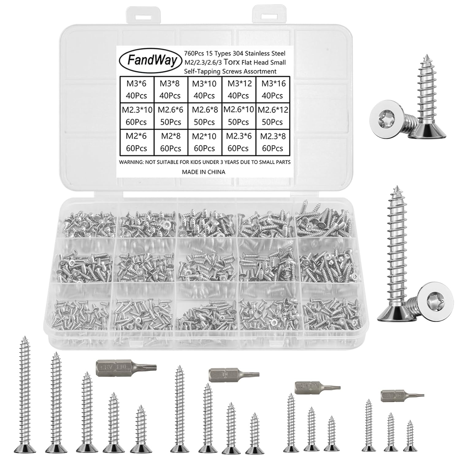 M2 M2,3 M2,6 M3 Blechschrauben Set,760 Stück Torx Selbstschneidende Schrauben,Holzbauschrauben Edelstahl Senkkopf-Torx-Selbstbohrschrauben,Kleine Schrauben Sortiment mit T6 T7 T8 T10 Bits.