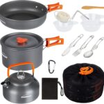 OVERMONT Camping Kochgeschirr Set Outdoor Geschirr Set Kochtopf Set Grillgeschirr Picknick Topf mit Kaffeekanne Teekanne Aluminium