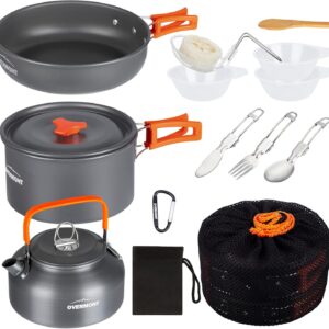OVERMONT Camping Kochgeschirr Set Outdoor Geschirr Set Kochtopf Set Grillgeschirr Picknick Topf mit Kaffeekanne Teekanne Aluminium