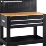 Meister Werkbank 1400 x 1140 x 610 mm - 200 kg Tragkraft - Vier Schubladen, Lochrückwand & drei Ablagefächer - Mit LED-Arbeitsleuchte & integrierter Steckdosenleiste - Aus Stahl / Werktisch / 9079700