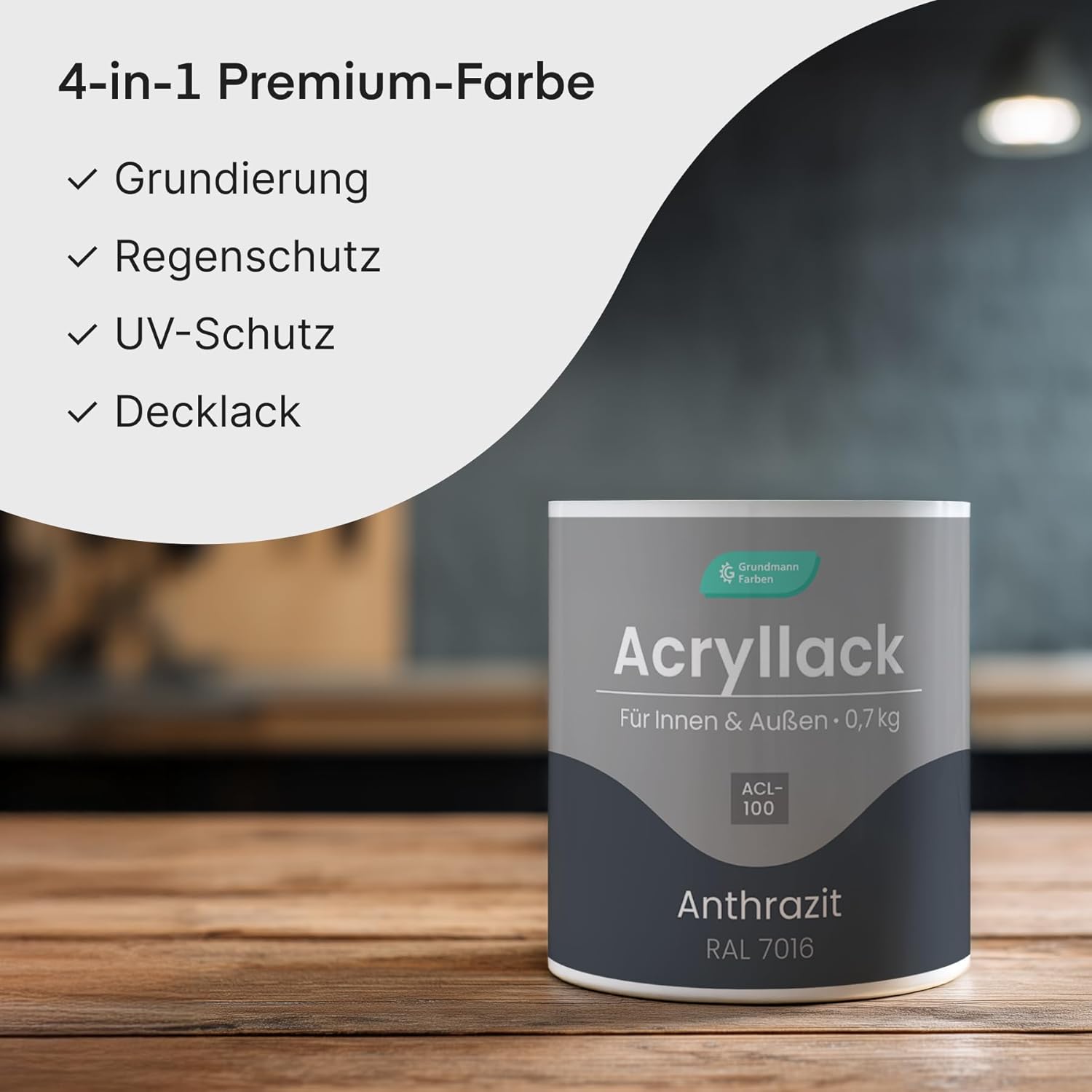 Grundmann Acryllack ACL 100 - Grau 0,7 Kg - 4in1 Lack inkl. Grundierung - Innen und Außen - Für Holz, Metall, Stein & Kunststoff - Anthrazit-Grau RAL 7016 – Bild 3